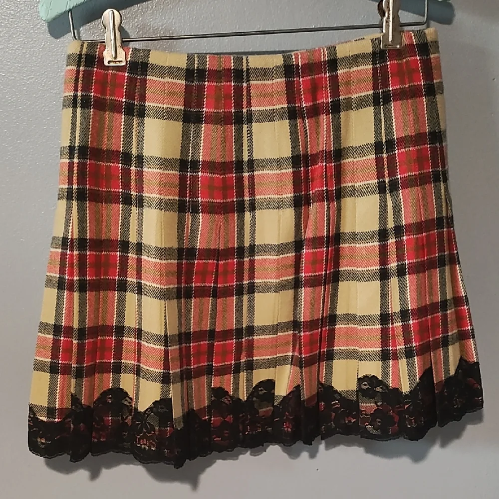 Moda International Red , Tan ,Black And White Pleated Plaid Mini Skirt